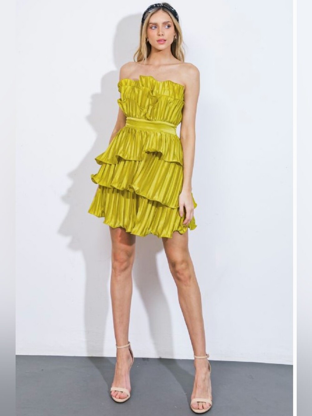 Strapless Ruffle Tiered Mini Dress in Chartreuse